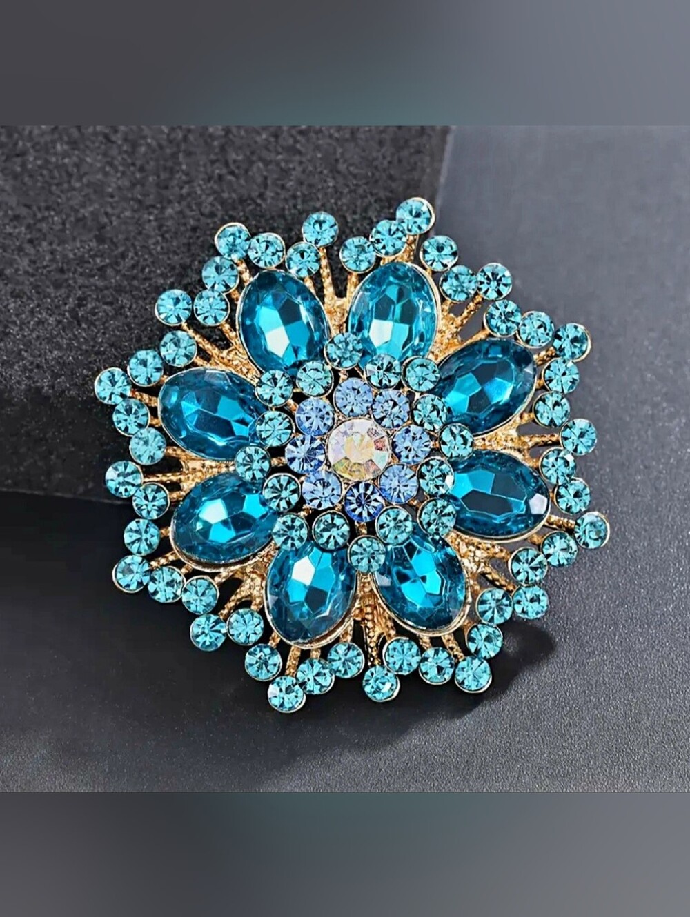 Blue Crystal Flower Brooch Gold Plated - Picture 4 of 4